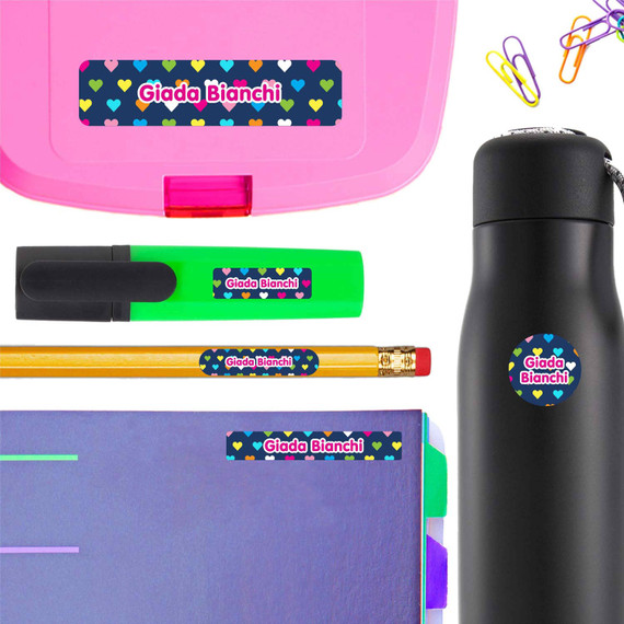 A marker labeled with a Hearts Multi-Color personalized name sticker. These school name stickers help identify supplies.