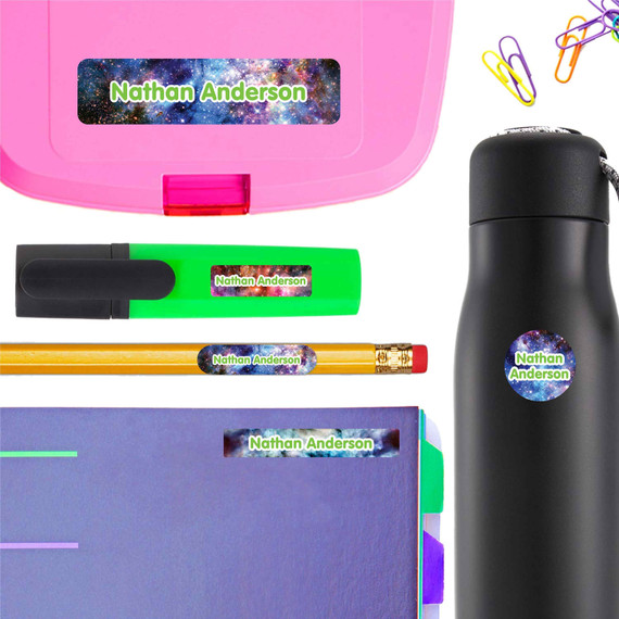 Galaxy back to school labels and school name labels — waterproof name stickers for school supplies