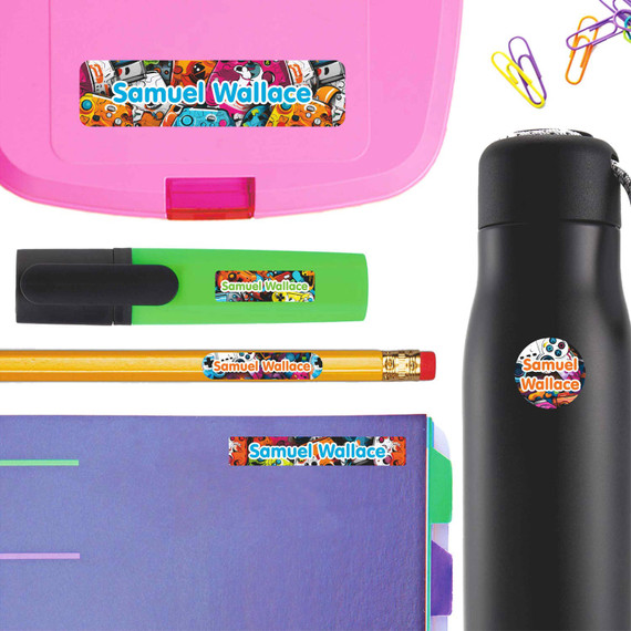 Gamer Mode name labels for school — waterproof school name labels on water bottle and lunchbox