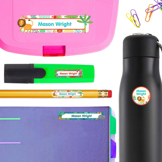 Jungle Animals school labels — name tags for school and waterproof labels for school, dishwasher safe