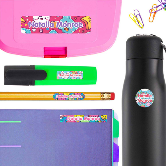 Kawaii Cuties name labels for school — waterproof school name labels on water bottle and lunchbox