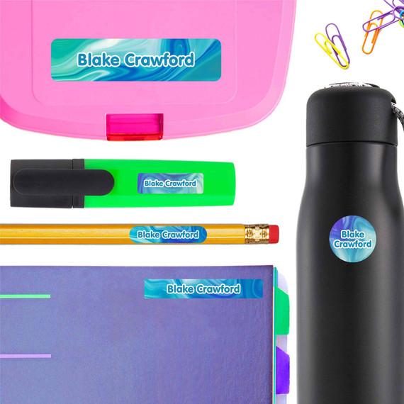 Liquid Swirl personalized name stickers on a school marker — waterproof labels for school supplies