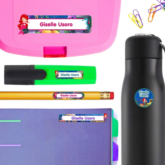 Mermaids name labels for school — waterproof school name labels on water bottle and lunchbox