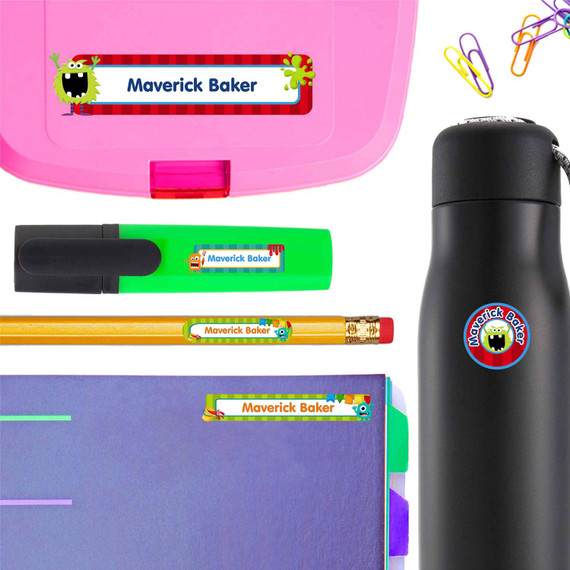 Monster Mayhem school labels — name tags for school and waterproof labels for school, dishwasher safe
