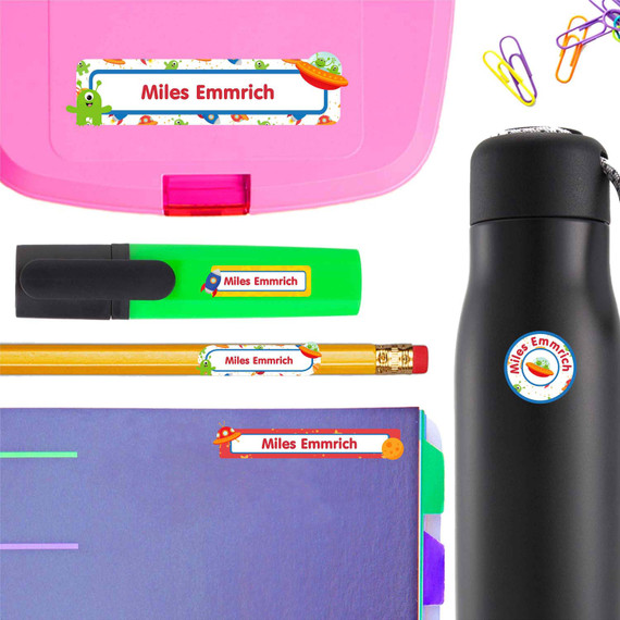 A marker labeled with a Outer Space personalized name sticker. These school name stickers help identify supplies.