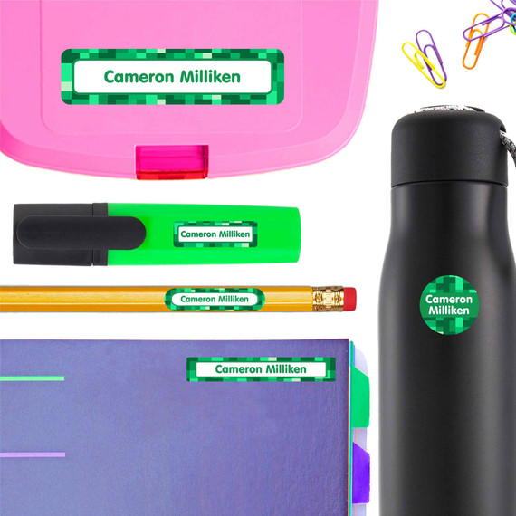 Personalized stickers for school featuring a Pixels design on a classroom marker.