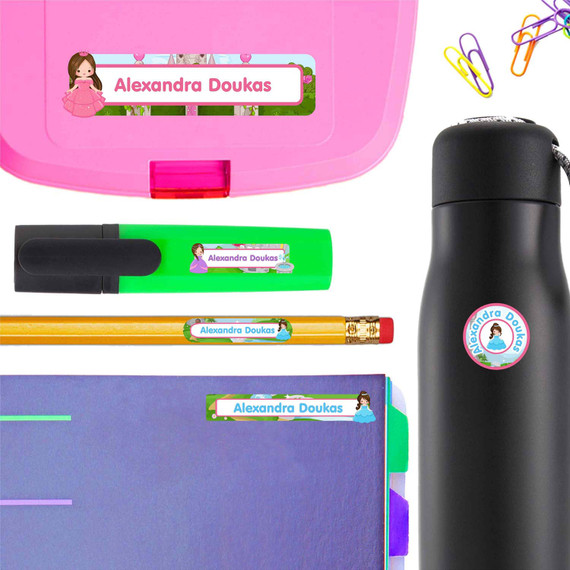 Enchanted Princess back to school labels and school name labels — waterproof name stickers for school supplies