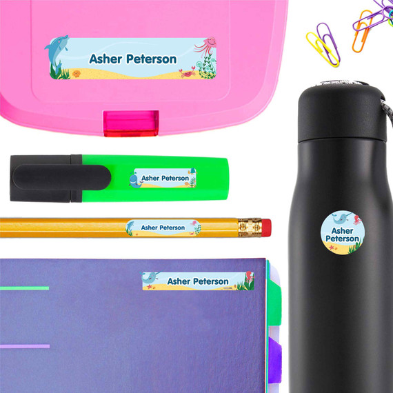 Deep Sea Pals name labels for school — waterproof school name labels on water bottle and lunchbox
