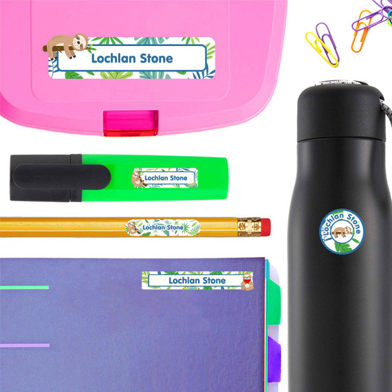 Sloth Buddies school labels — name tags for school and waterproof labels for school, dishwasher safe