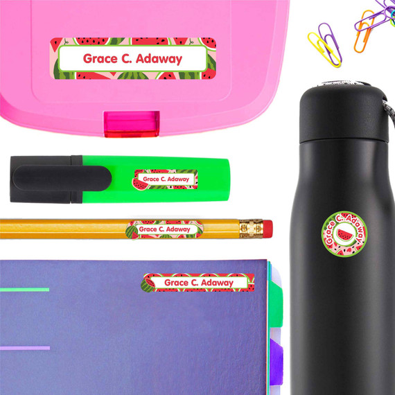 A marker labeled with a Watermelons personalized name sticker. These school name stickers help identify supplies.
