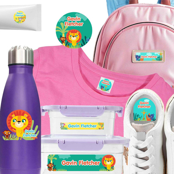 African Safari waterproof camp labels — name labels for summer camp on water bottles, lunchboxes and gear