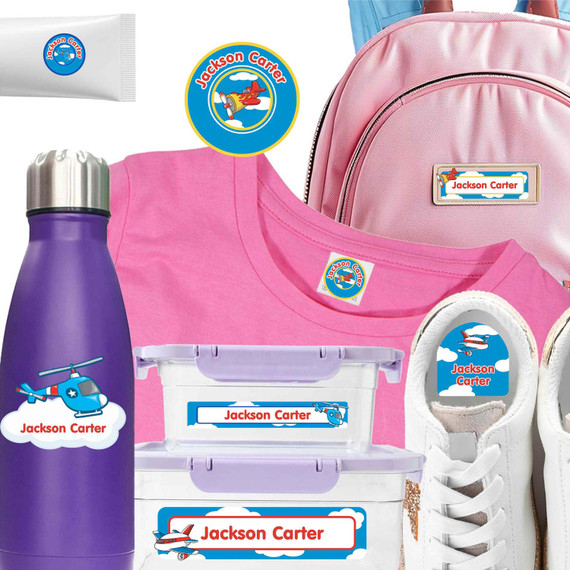 Airplanes Day waterproof camp labels — name labels for summer camp on water bottles, lunchboxes and gear