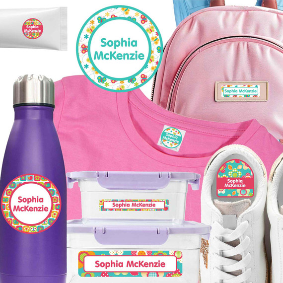 Flower camp name labels on a shampoo bottle paired with summer camp labels on a summer camp shirt.