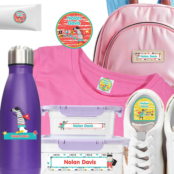 Animal Superheroes sleepaway camp labels — waterproof summer camp labels and camp stickers for gear and clothing