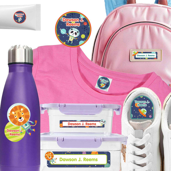 Bright summer camp labels on a hygiene bottle paired with waterproof camp labels on a fabric shirt.