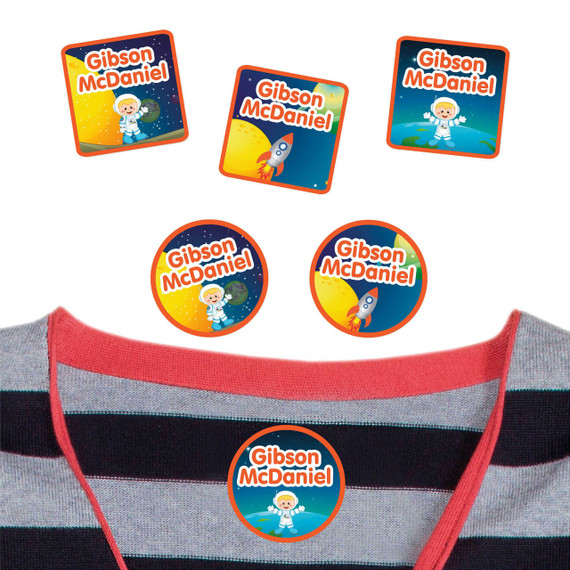 Astronaut Boy or Girl camp clothing labels — waterproof name stickers on a shirt for summer camp