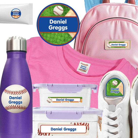 A soap bottle featuring camp labels for clothes and a laundered t-shirt using camp name labels for organization.