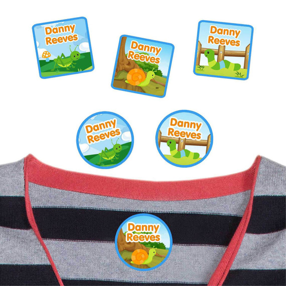 Backyard Bugs camp clothing labels — waterproof name stickers on a shirt for summer camp