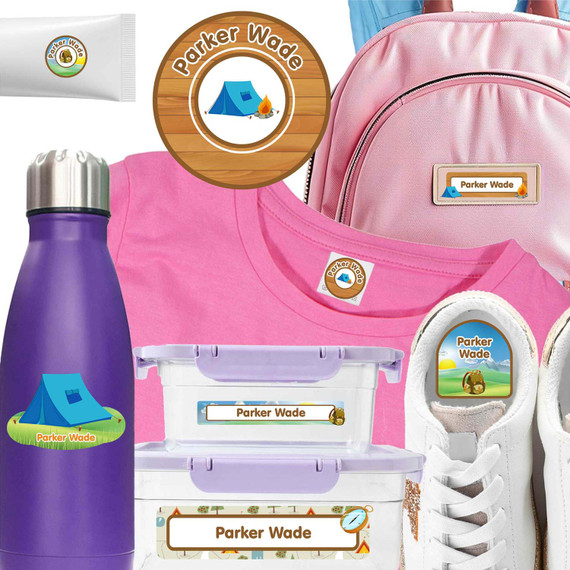 Camping waterproof camp labels — name labels for summer camp on water bottles, lunchboxes and gear