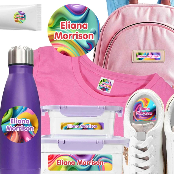 Chromatic Cascades waterproof camp labels — name labels for summer camp on water bottles, lunchboxes and gear