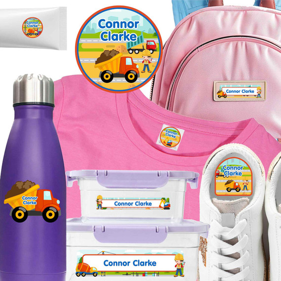 Construction (Boy/Girl) camp label combo pack — waterproof stickers for camp toiletries and clothing labels for camp