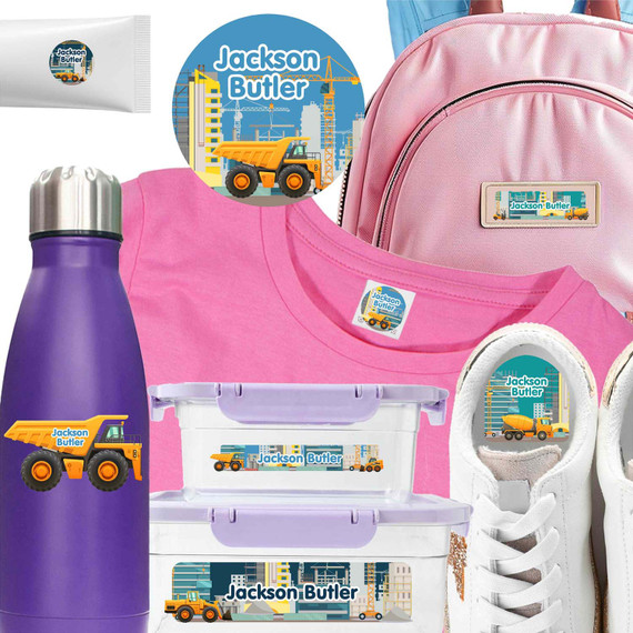 Construction Site waterproof camp labels — name labels for summer camp on water bottles, lunchboxes and gear