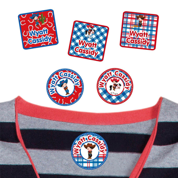 Cowboy & Cowgirl camp clothing labels — waterproof name stickers on a shirt for summer camp