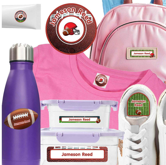 A soap bottle featuring camp labels for clothes and a laundered t-shirt using camp name labels for organization.