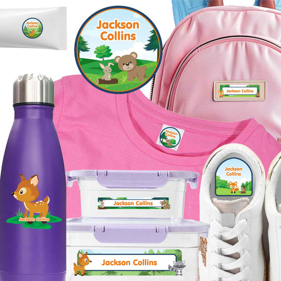 Forest Friends waterproof camp labels — name labels for summer camp on water bottles, lunchboxes and gear