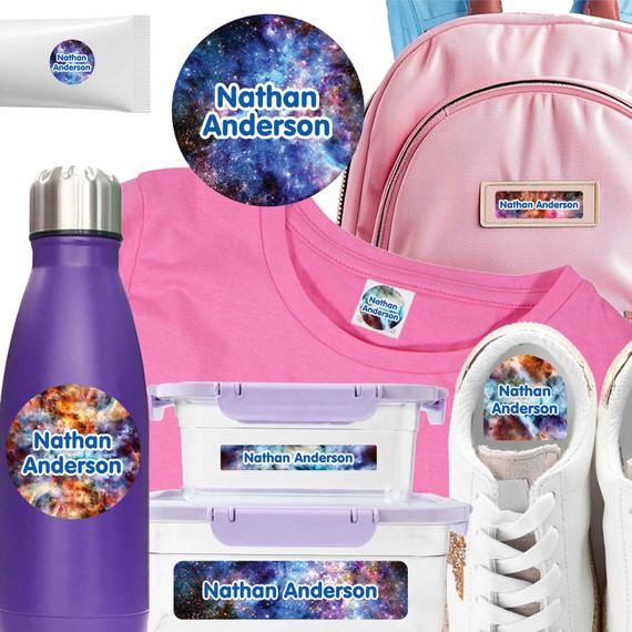 A plastic shampoo bottle featuring camp name labels and a summer camp shirt using summer camp labels for organization.