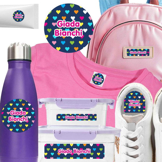 Durable labels for camp on a hygiene bottle paired with camp labels for clothes on a summer camp shirt.