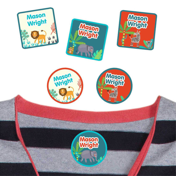 Jungle Animals camp clothing labels — waterproof name stickers on a shirt for summer camp
