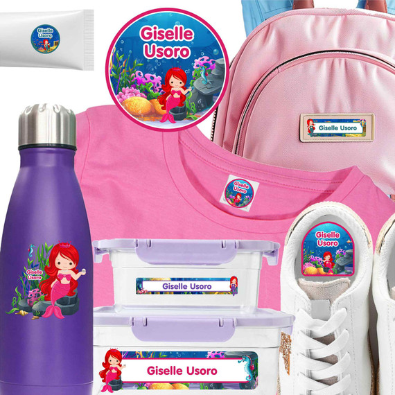 Mermaids waterproof camp labels — name labels for summer camp on water bottles, lunchboxes and gear