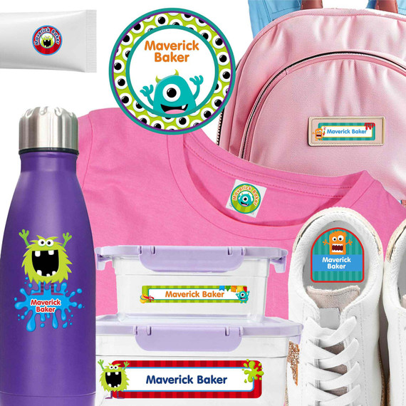 Monster Mayhem waterproof camp labels — name labels for summer camp on water bottles, lunchboxes and gear
