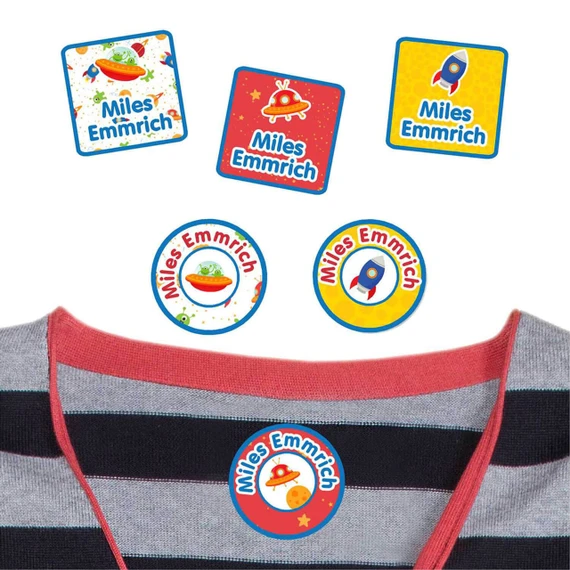 Outer Space name labels for camp clothes on a shirt.