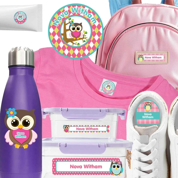 Owls waterproof camp labels — name labels for summer camp on water bottles, lunchboxes and gear
