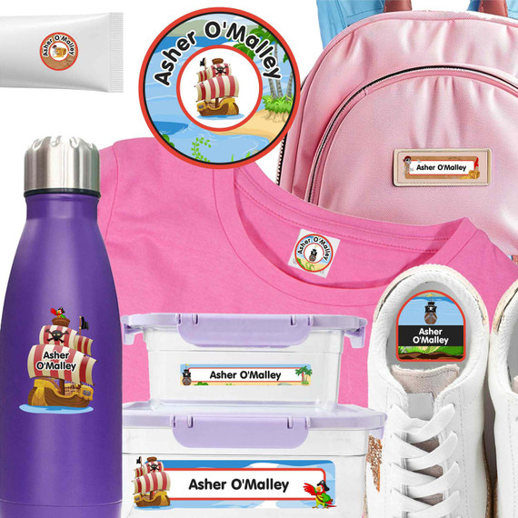 Pirates camp label combo pack — waterproof stickers for camp toiletries and clothing labels for camp