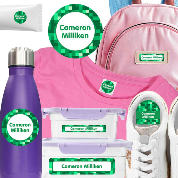 A soap bottle featuring camp labels for clothes and a laundered t-shirt using camp name labels for organization.