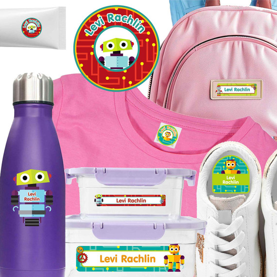 Little Robots waterproof camp labels — name labels for summer camp on water bottles, lunchboxes and gear