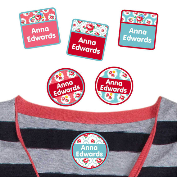 Garden Roses camp clothing labels — waterproof name stickers on a shirt for summer camp