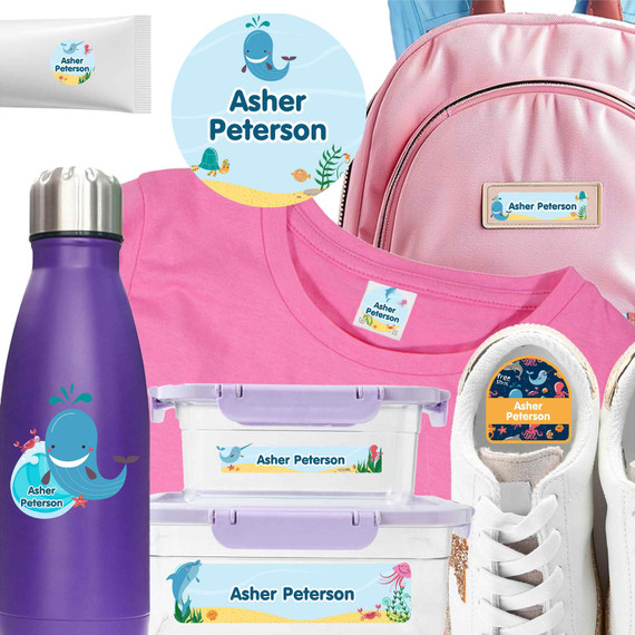 Deep Sea Pals camp label combo pack — waterproof stickers for camp toiletries and clothing labels for camp