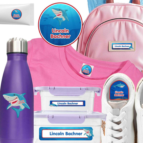 Mighty Sharks camp label combo pack — waterproof stickers for camp toiletries and clothing labels for camp
