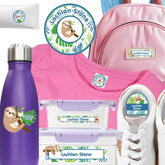 Sloth Buddies waterproof camp labels — name labels for summer camp on water bottles, lunchboxes and gear