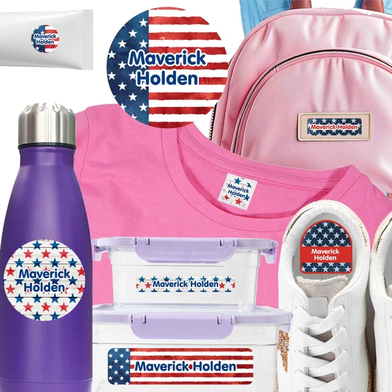 Stars and Stripes waterproof camp labels — name labels for summer camp on water bottles, lunchboxes and gear