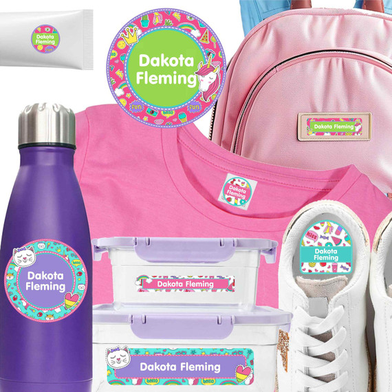 Close up of camp name labels applied to a toiletry bottle and summer camp labels attached to a summer camp shirt.