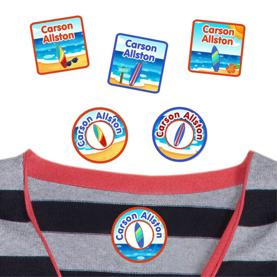 Surf's Up camp clothing labels — waterproof name stickers on a shirt for summer camp
