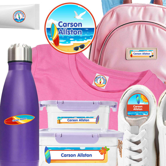 Surf's Up camp label combo pack — waterproof stickers for camp toiletries and clothing labels for camp