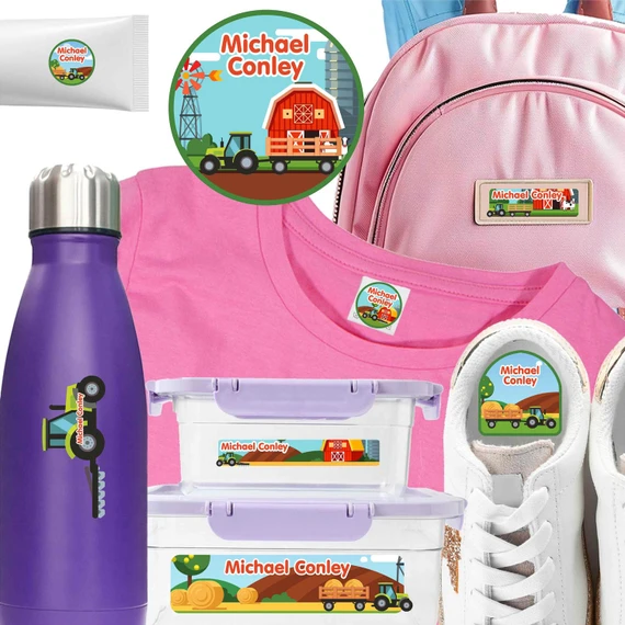 Farm Tractors waterproof camp labels — name labels for summer camp on water bottles, lunchboxes and gear