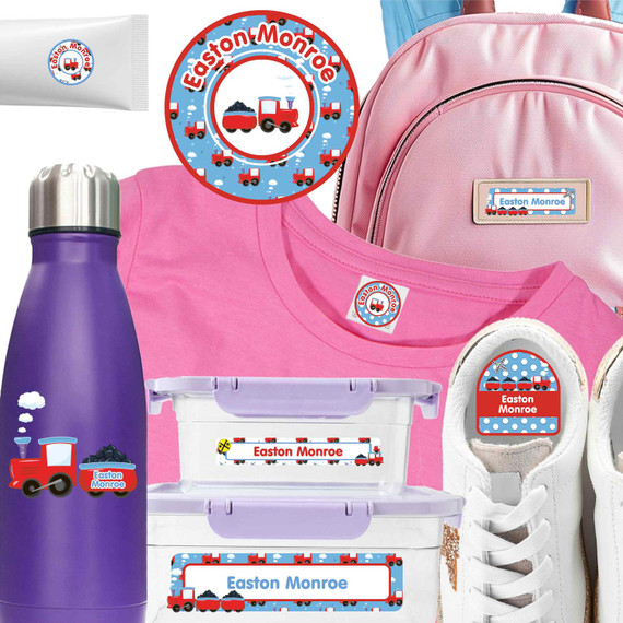 Train Chug Chug camp label combo pack — waterproof stickers for camp toiletries and clothing labels for camp
