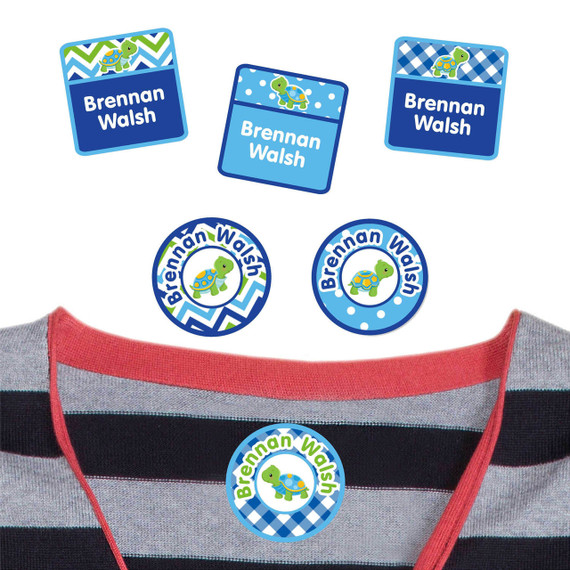 Turtles camp clothing labels — waterproof name stickers on a shirt for summer camp